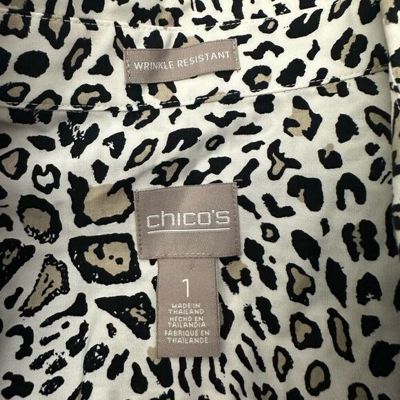 Chico’s Animal Print Button Down Tie front 3/4 Sleeve Top Wrinkle Resistant Sz S - Picture 6 of 9